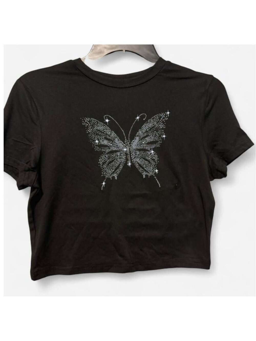 Black Butterfly Graphic Cropped Tee Print Sparkle Detail Medium